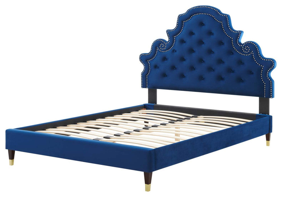 Tufted Platform Bed Frame, Twin Size, Velvet, Blue Navy, Modern Contemporary