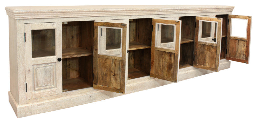 Tropez 8-Door Solid Wood Sideboard With Glass Panels, Distressed White Finish
