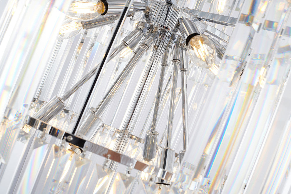 36" 34-Light Brass Metal 7-Tier Chandelier With Clear Crystals, Chrome, D36'' H72''