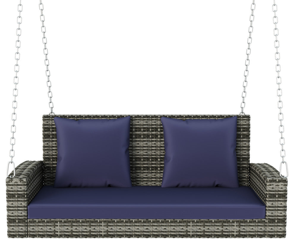 2-Person Wicker Hanging Rattan Porch Swing, Chains, Cushion, and Pillow, Gray Wicker