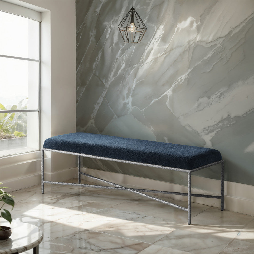 Valley Upholstered Bench, Navy, 54" W x 18" D, Silver, Chenille Fabric