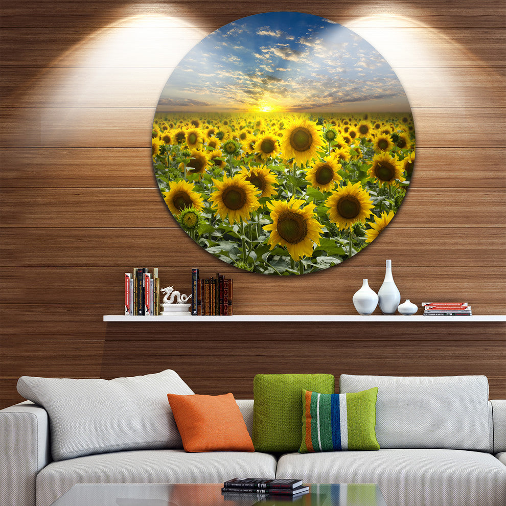 Field Of Blooming Sunflowers, Flower Disc Metal Artwork, 11"