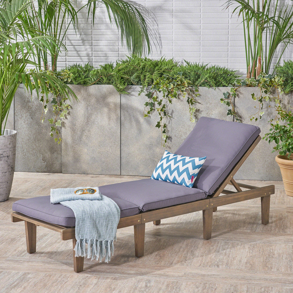GDF Studio Alisa Outdoor Acacia Wood Chaise Lounge With Cushion, Gray, Single