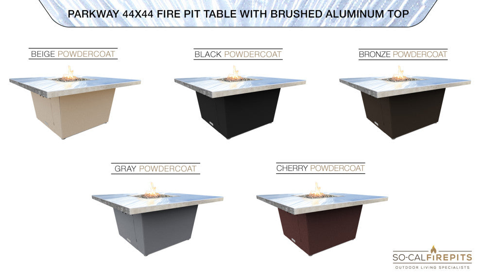 Square Fire Pit Table, 44x44, Chat Height, Propane, Brushed Aluminum Top, Beige