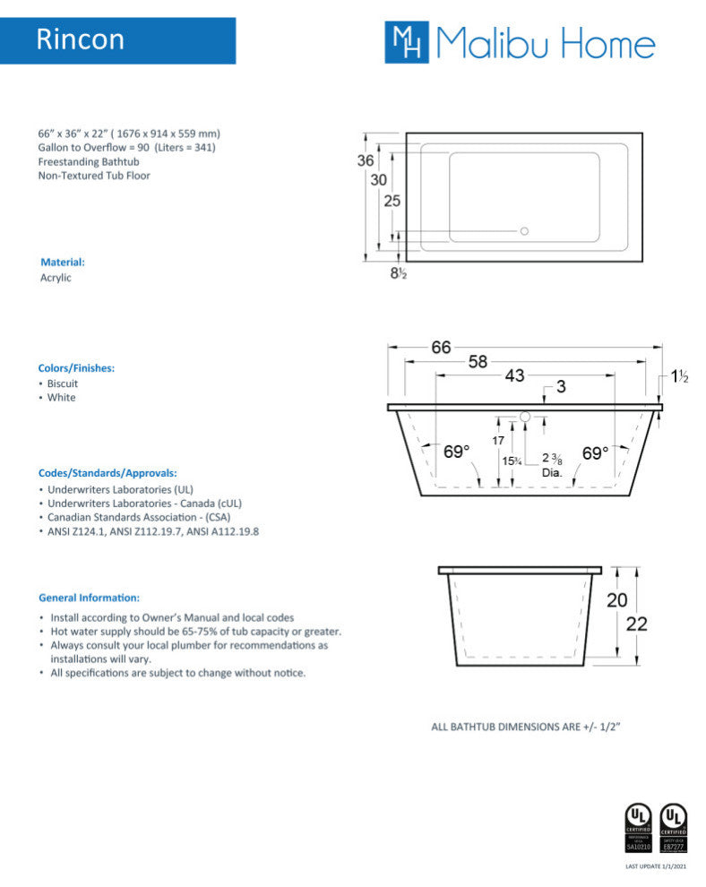Malibu Rincon Rectangle Soaking Bathtub 66x36x22 Biscuit