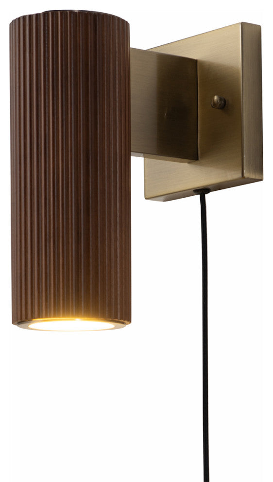 Tambo Wall Sconce - Dark Walnut Wood Finish, Weathered Brass, Dimmer, Dark Walnut