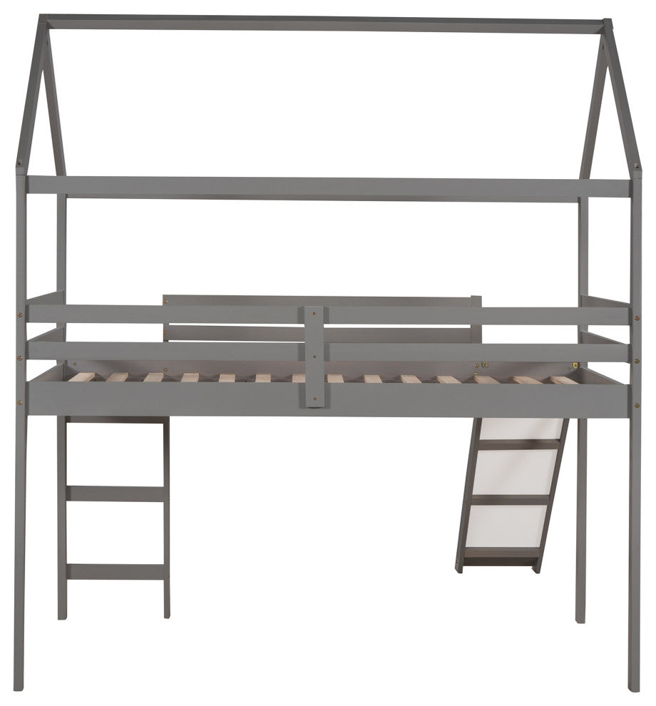 Gewnee Twin Loft Bed with Slide, House Bed with Ladder in Gray