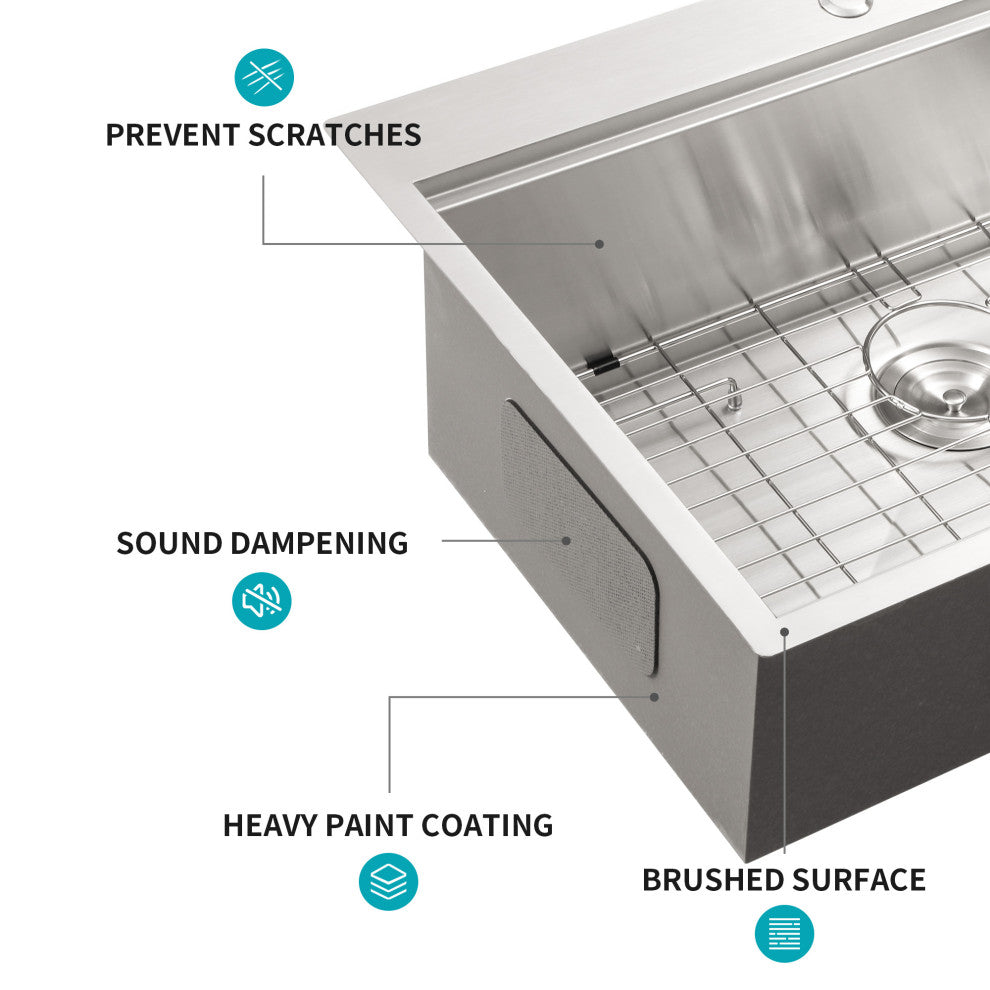 Brushed Nickel Stainless Steel 33 in. Single Bowl Drop In Kitchen Sink