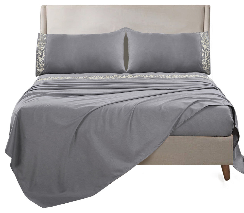 Serenta Lei Embroidered 4 Piece Bed Sheet Set, Silver Gray, Queen