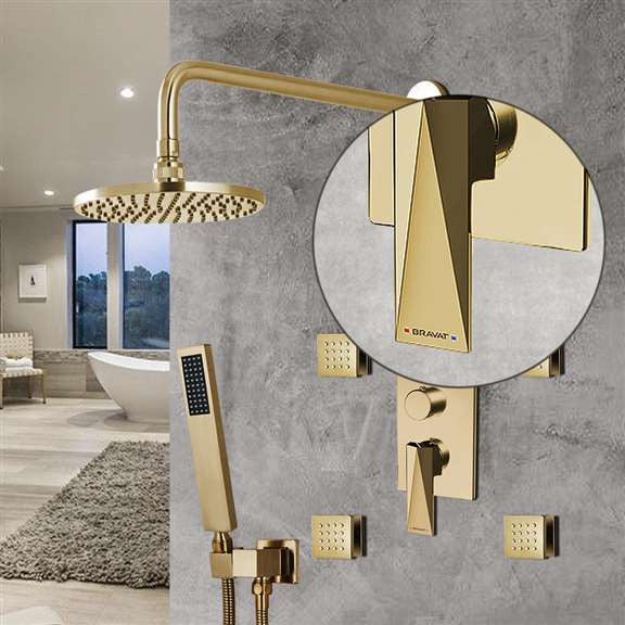 Bravat Brushed Gold Shower Set, Valve Mixer 3-Way Concealed Wall Mount