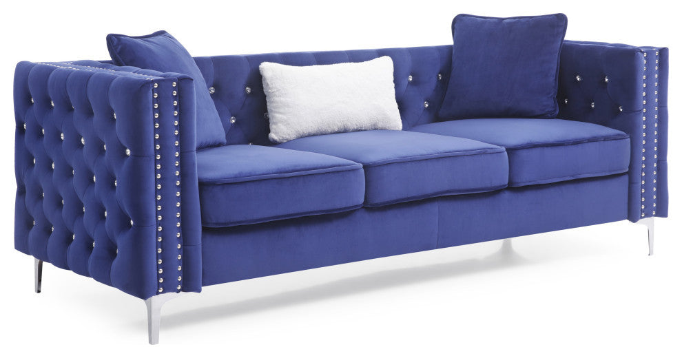 Paige 86 in. Blue Tufted Velvet 3-Seater Sofa With 2-Throw Pillow
