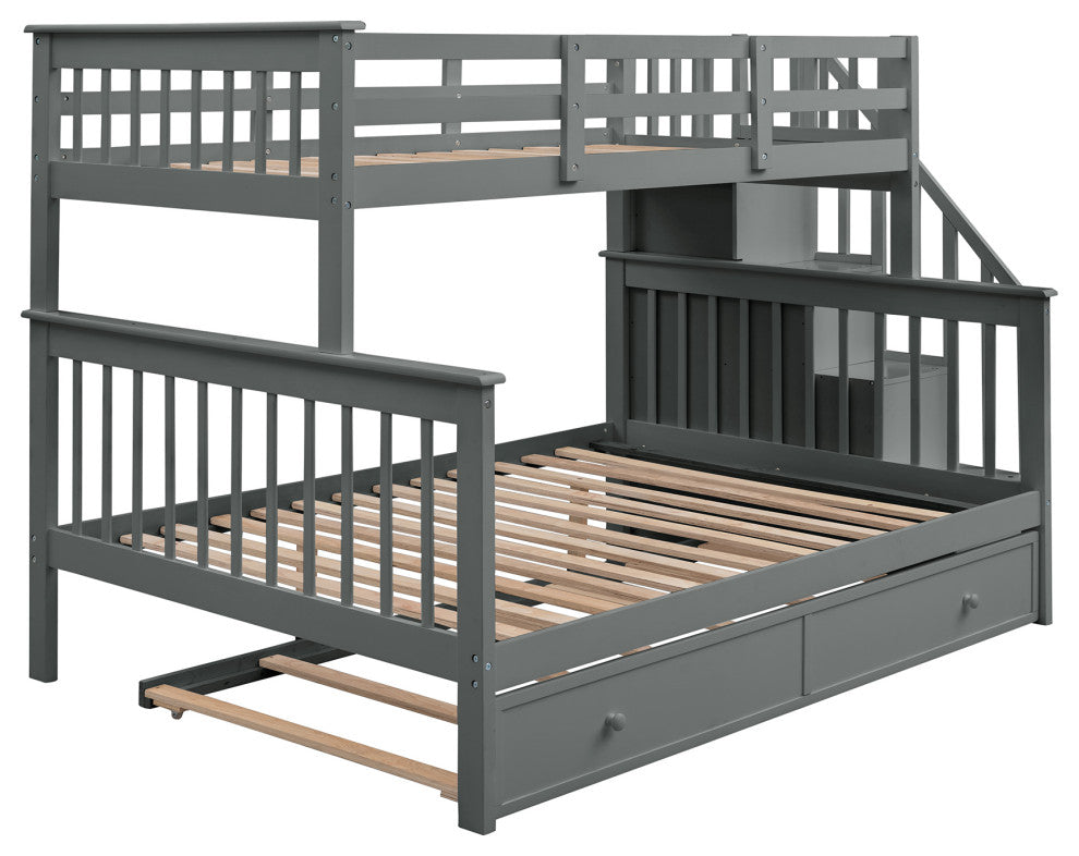 Gewnee Wood Twin-Over-Full Bunk Bed with Trundle and Stairway, Gray