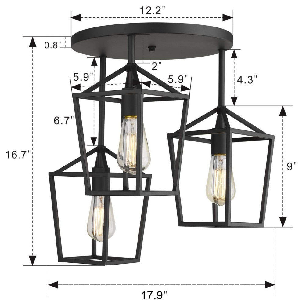 3 Light Black Ceiling Light, Metal Cage, Semi Flush Mount Light Fixture
