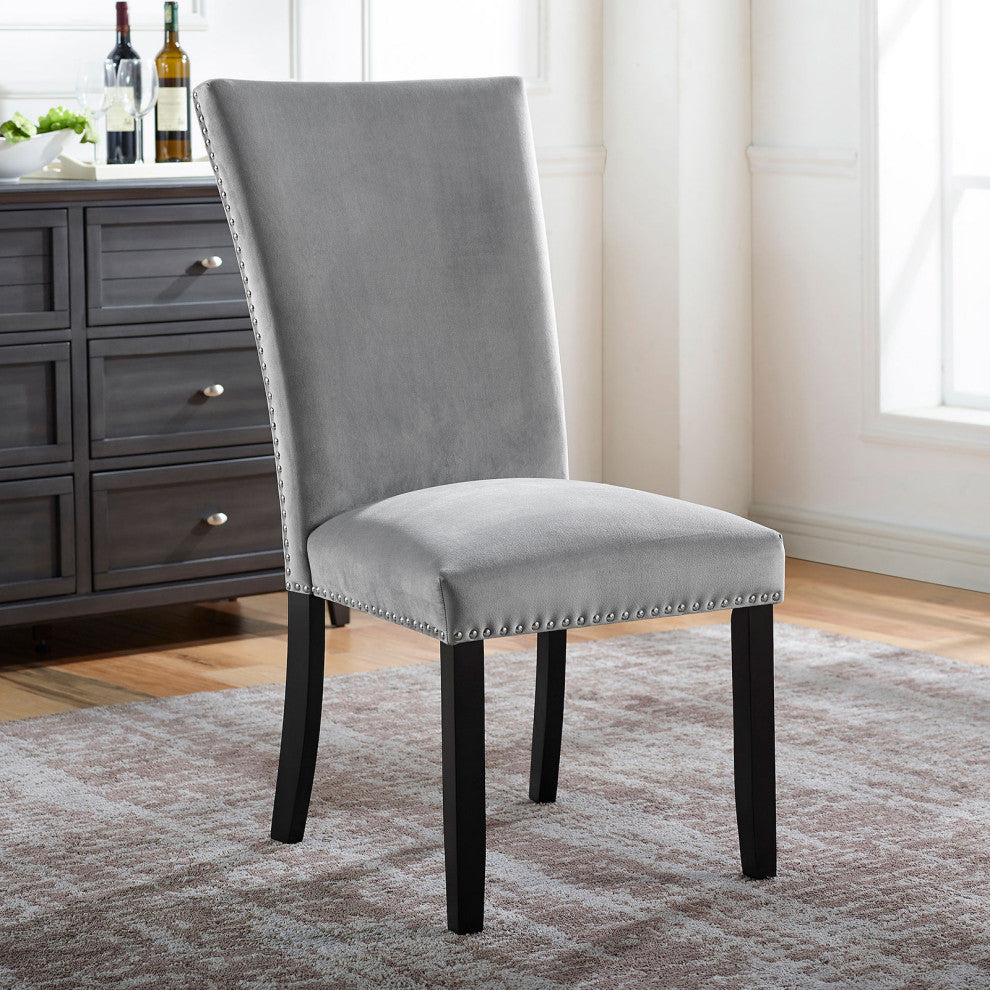 Flannelette And Wooden Side Chair Of 2 with Backrest Design, Light Gray