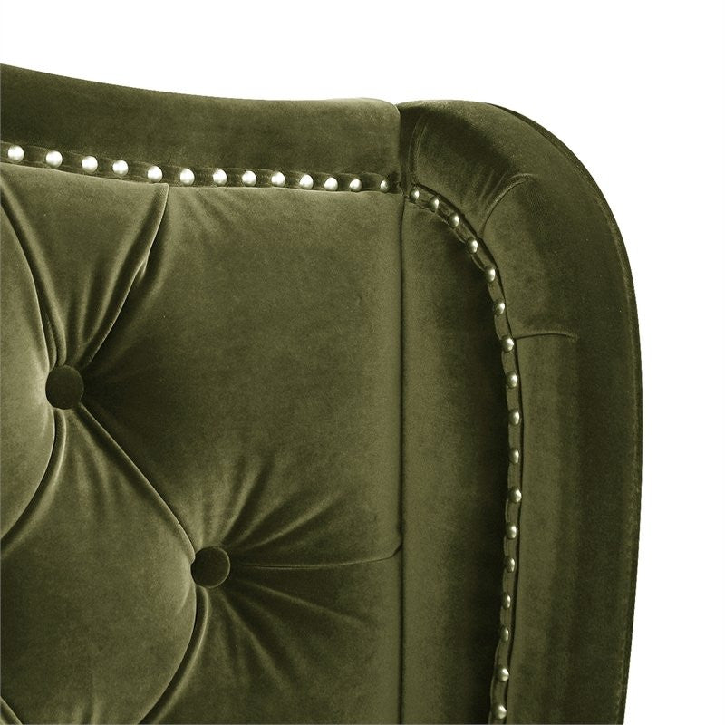 Marcella Upholstered Tufted Shelter Wingback Panel Bed, Olive Green Performance Velvet, Queen