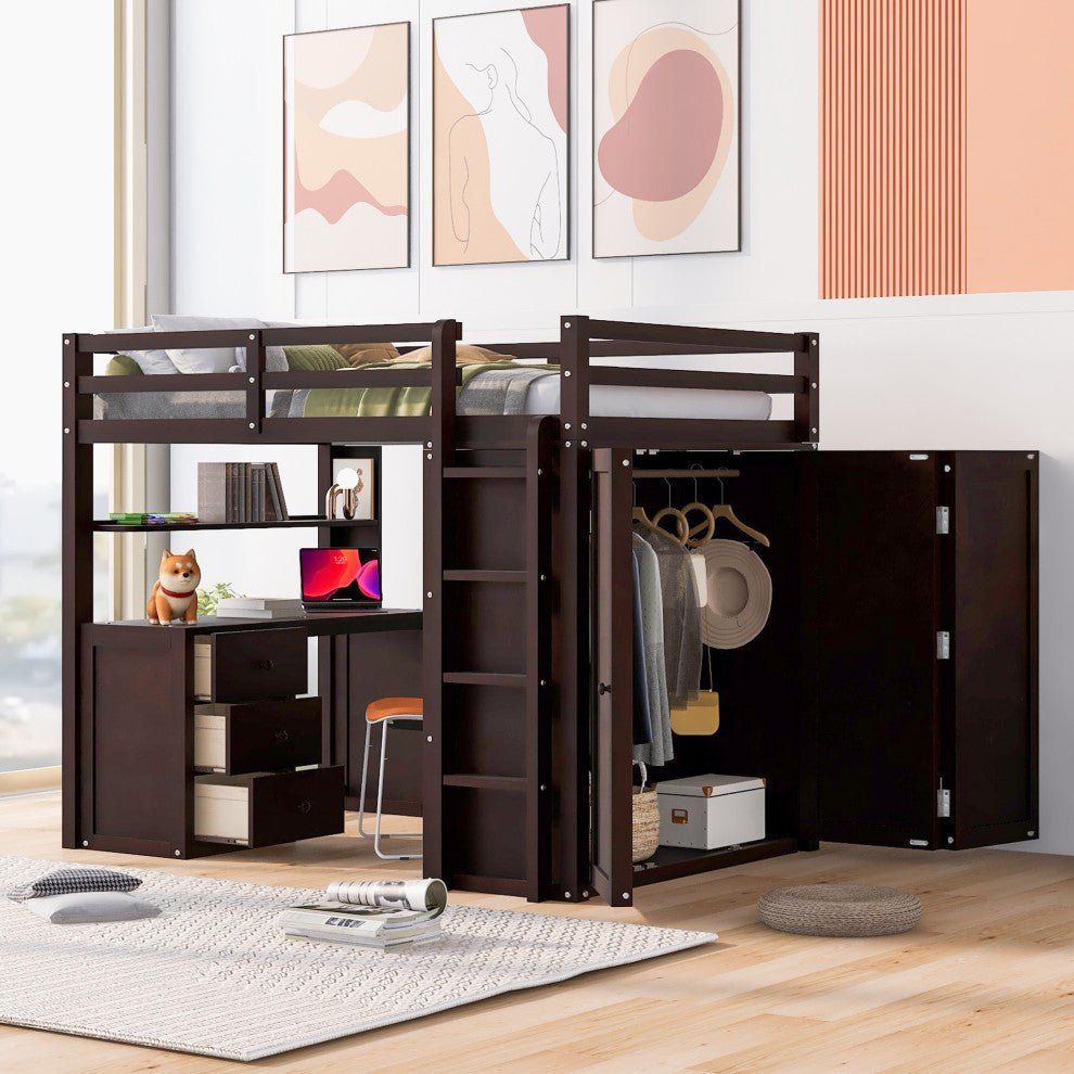 Gewnee Full size Wood Loft Bed with Drawers,Desk and Wardrobe in Espresso
