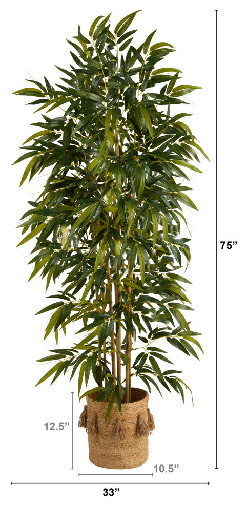 75" Bamboo Artificial Tree, Handmade Natural Jute Planter With Tassels