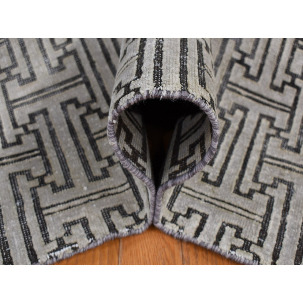 Gray Pure Silk With Wool Roman Key Design Hand Knotted Oriental Rug 7'10"x10'3"