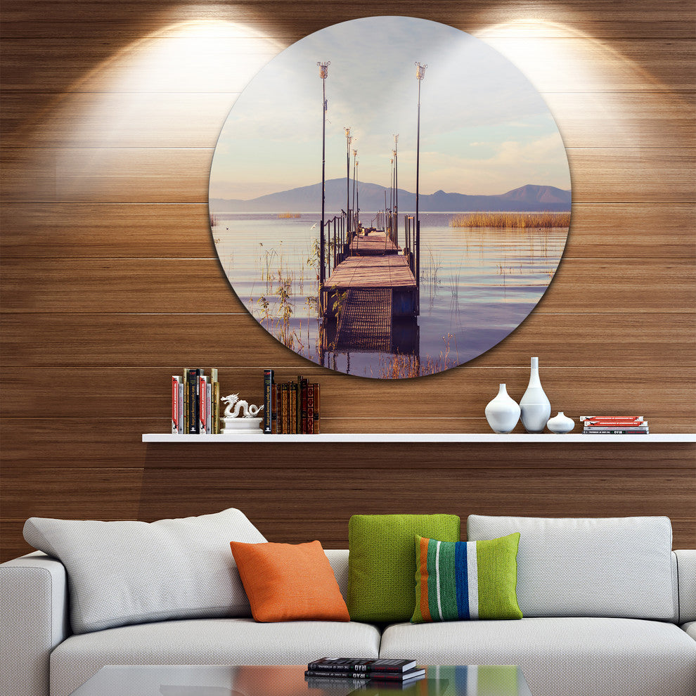 Wooden Boardwalk To Clear Sea Water, Sea Bridge Disc Metal Artwork, 11"