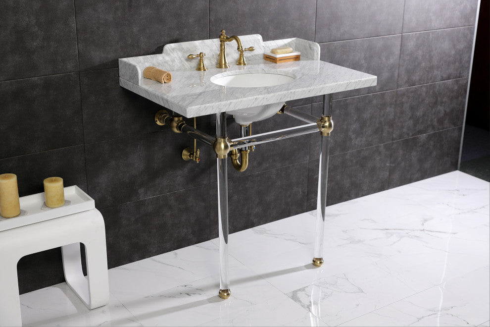 Kingston Brass LMS36MA7 36" Carrara Marble Console Sink, Acrylic Legs