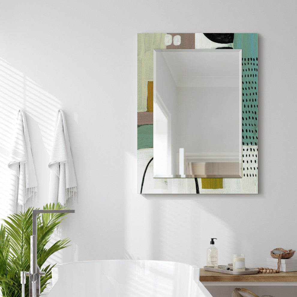 "Introductions" Beveled Mirror on Printed Abstarct Tempered Art Glass, 40x30"