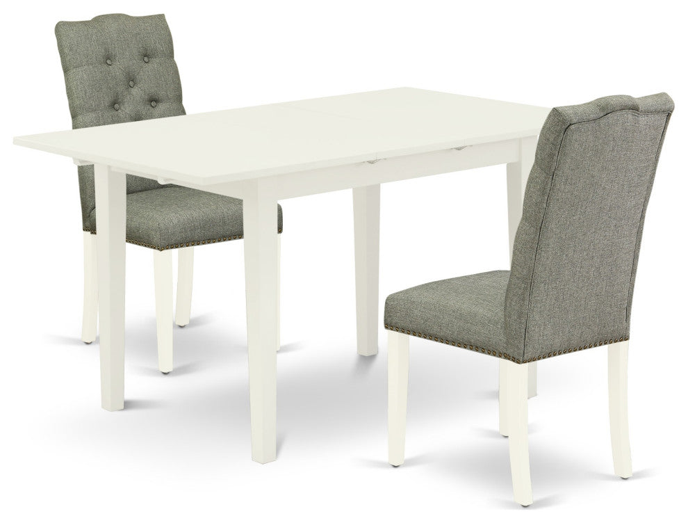 3Pc Rectangle Dinette Set, Nail Head Chairs, Butterfly Leaf Table, Linen White