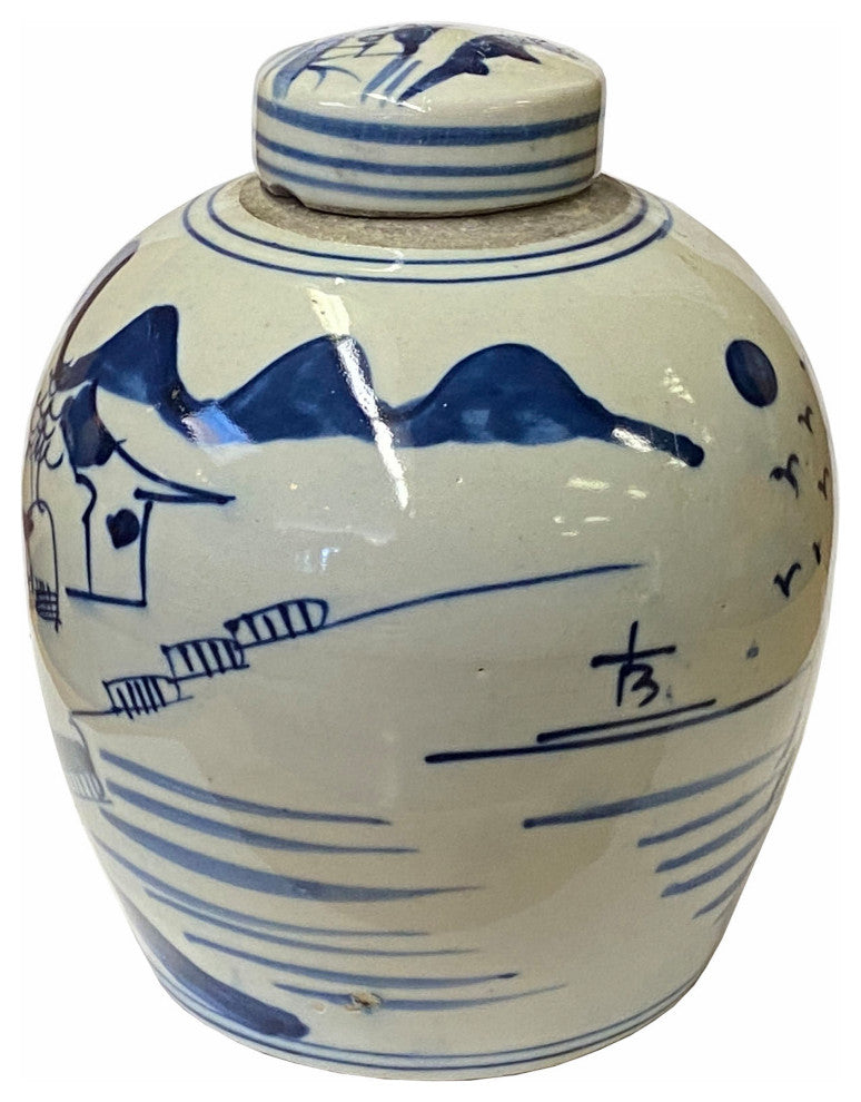 Chinese Oriental Small Blue White Scenery Porcelain Ginger Jar Hws1859