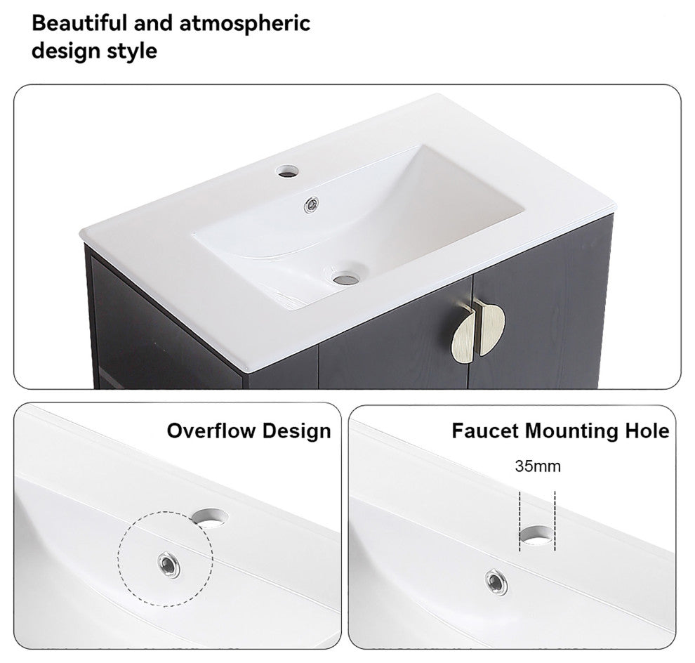 30 Inches Plywood Wall-Mounted Bath Vanity Set, Integrated Ceramic Sink, Black