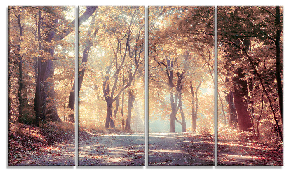Golden Autumn Beautiful Forest, Landscape Canvas Art Print, 48"x28", 4 Panels