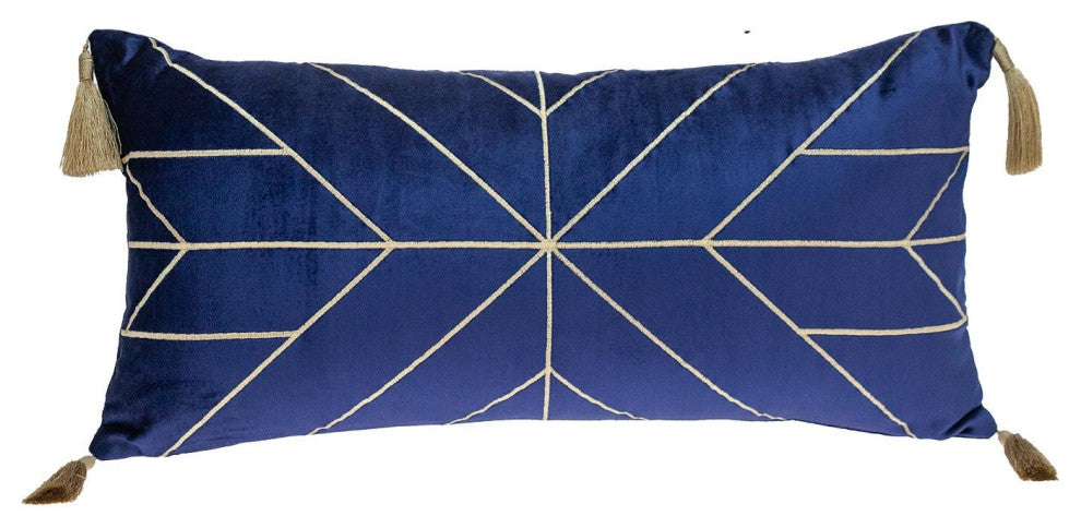 Blue and Gold Geo Velvet Lumbar Pillow With Gold Tassels