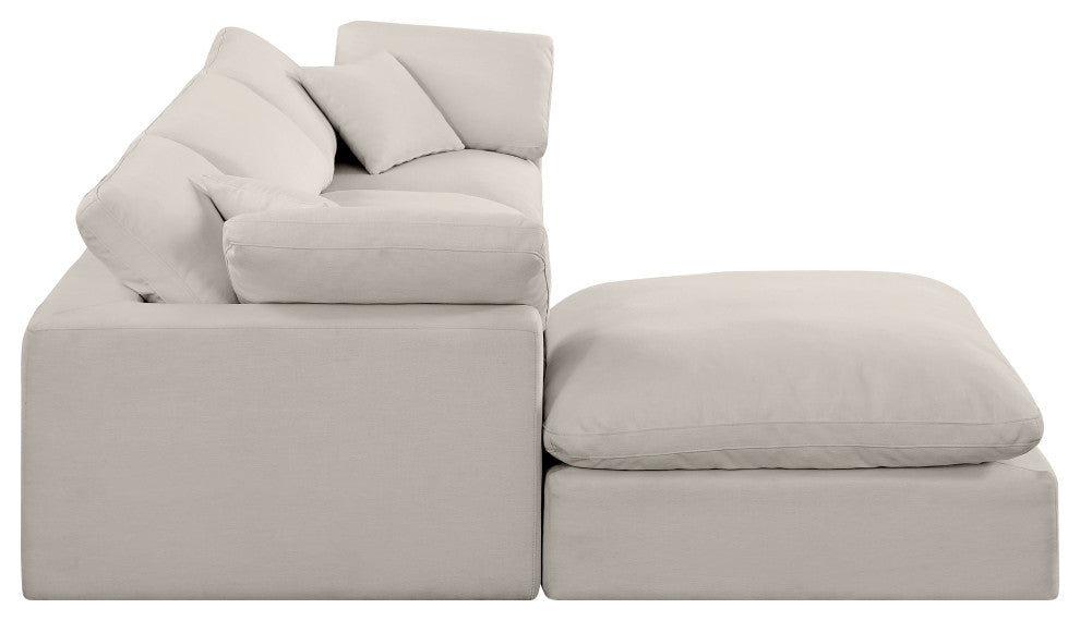 Comfy Upholstered L-Shaped Modular Sectional, Beige, 4-Piece: 1 Armless Chair, 2 Corner Chair, 1 Ottoman, Linen Textured Fabric