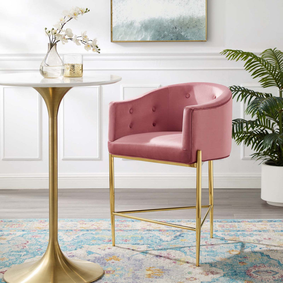 Tufted Counter Stool Chair, Velvet, Metal, Pink, Bar Pub Cafe Bistro Restaurant