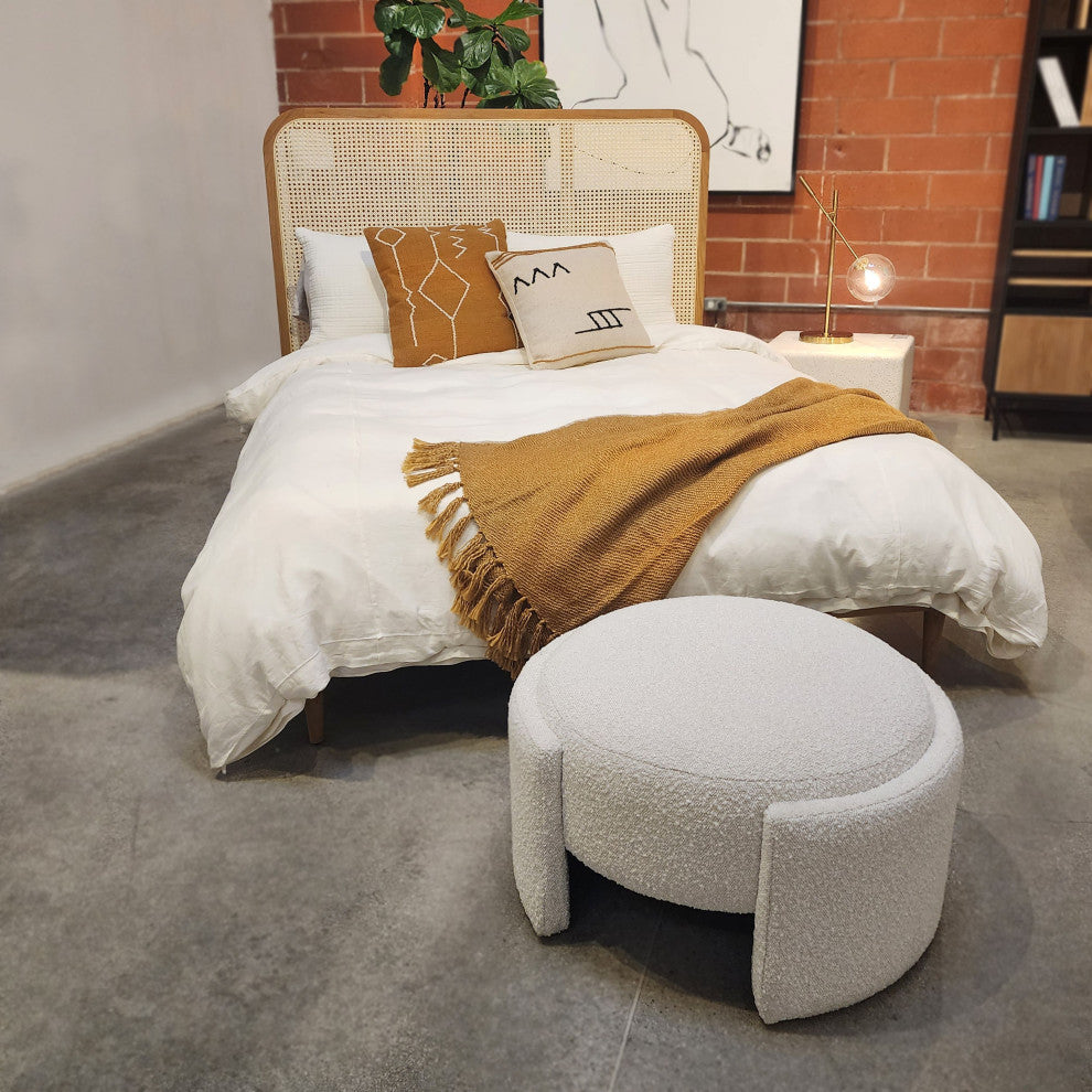 Shawn Boucle Round Ottoman With Round Half-Bezel Foot, Off-White