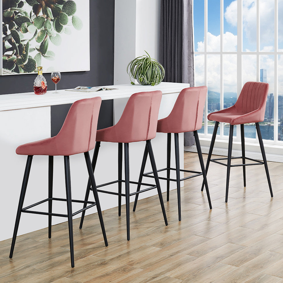 Set of 2 Vertical Channel Tufted Velvet Bar Stools, Pink, 30 Inch