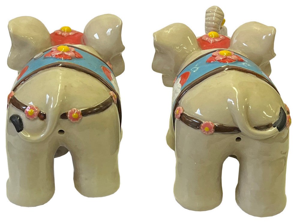 Pair Chinese Ceramic Clay Beige RuYi Ingot Decor Elephant Figures Hws3074