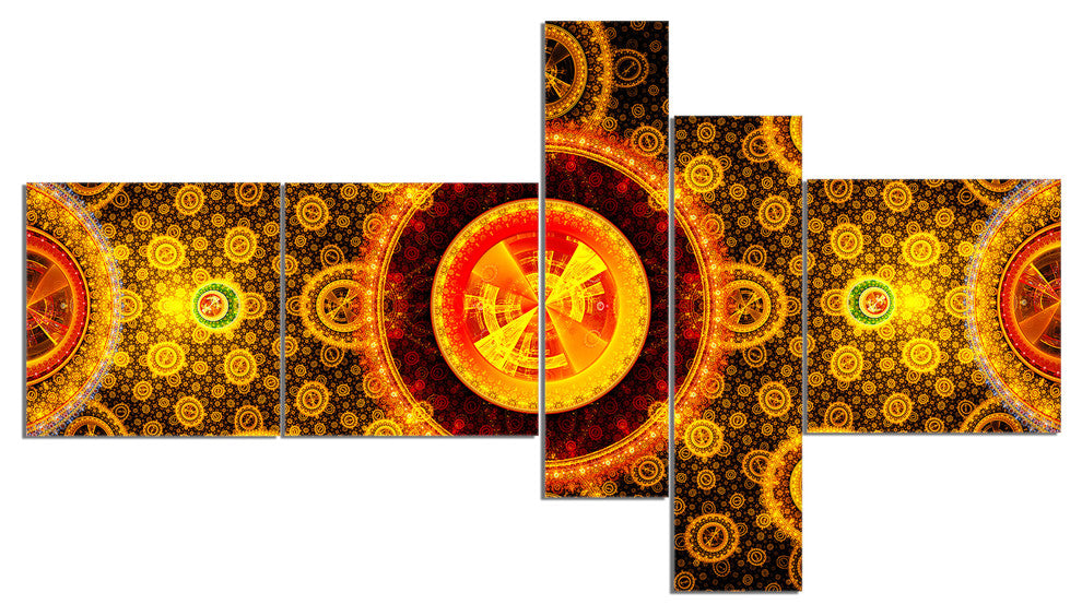 Golden Psychedelic Relaxing Art, Abstract Canvas Art Print, 60"x32", 5 panels