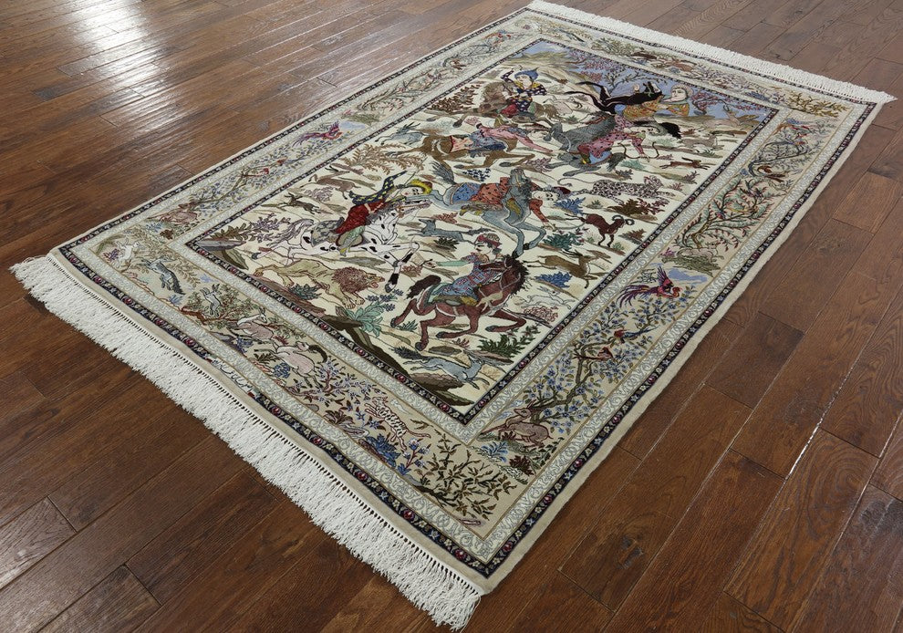 Hunting Scene Hand Knotted Wool/Silk Signed Authentic Persian Isfahan Rug, 5x8