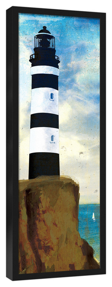 Black and White Lighthouse 12x36 Black Framed Canvas