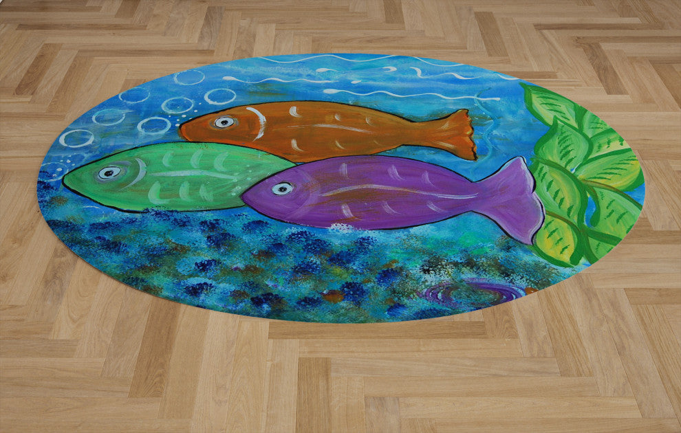 Sea life round chenille area rugs from my art. Approximately 60", Fish Bubbles,