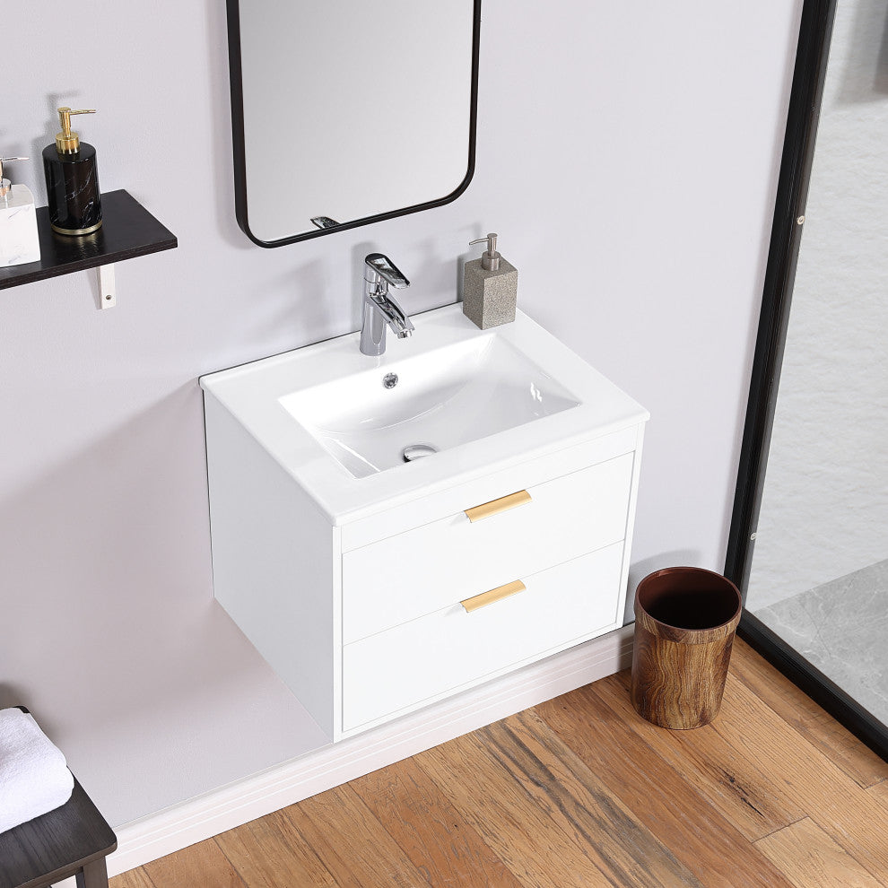 24" MDF Wall Mounted Bath Vanity, Integrated Ceramic Sink, White