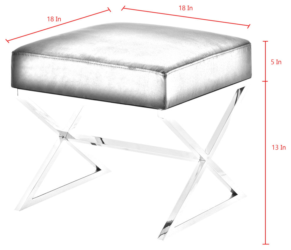 Oria Velvet X-Leg Chrome or Gold Base Ottoman, Navy/ Chrome