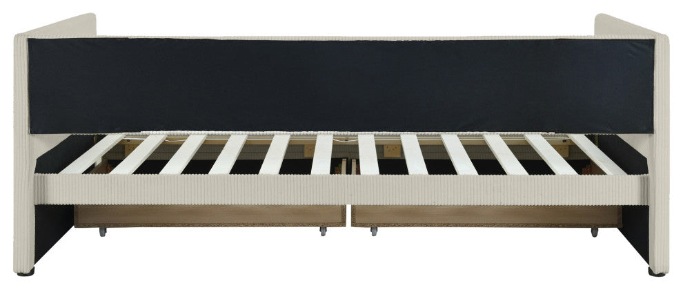 Gewnee Twin Size Corduroy Daybed with Two Drawers and Wood Slat in Beige
