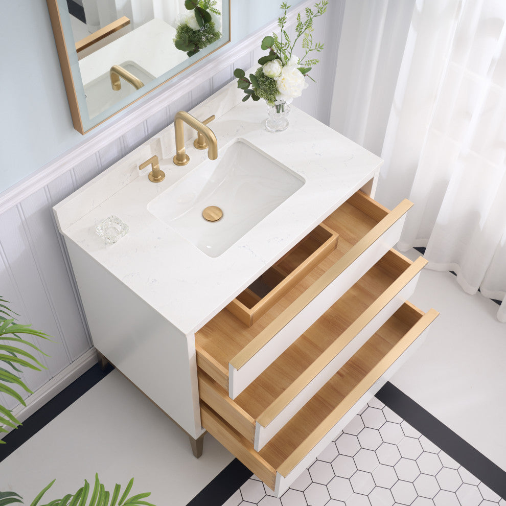 Nolan Freestanding Bathroom Vanity with Quartz Top, White, 36"
