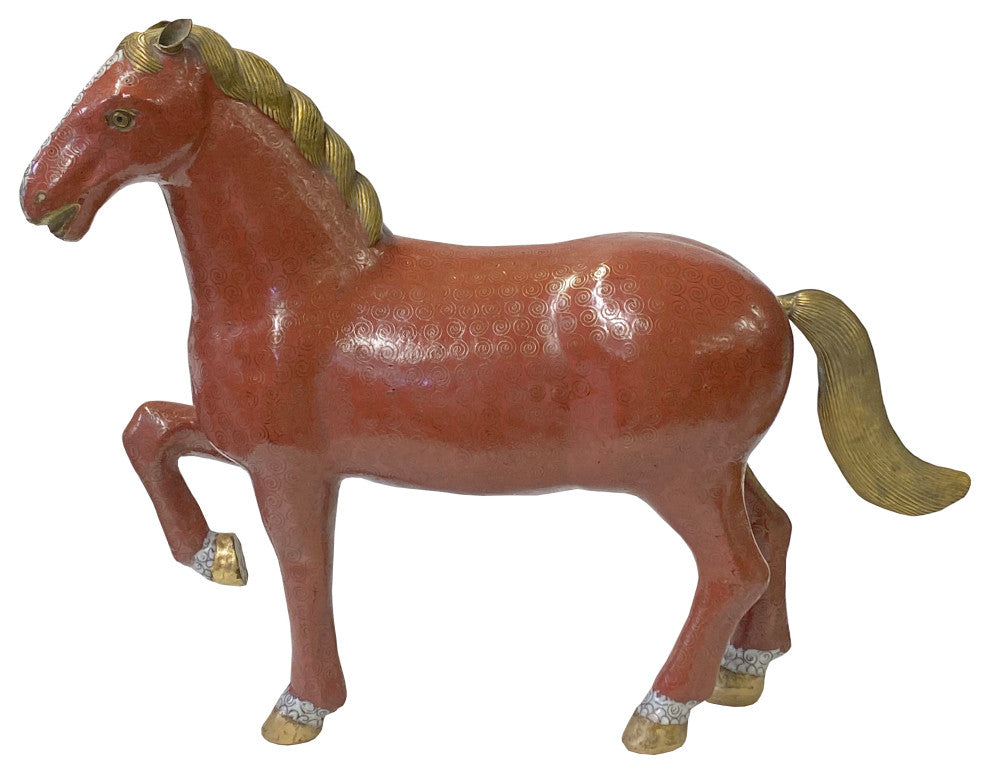 Vintage Chinese Metal Brick Red Golden Tail Fengshui Horse Figure Hws3278