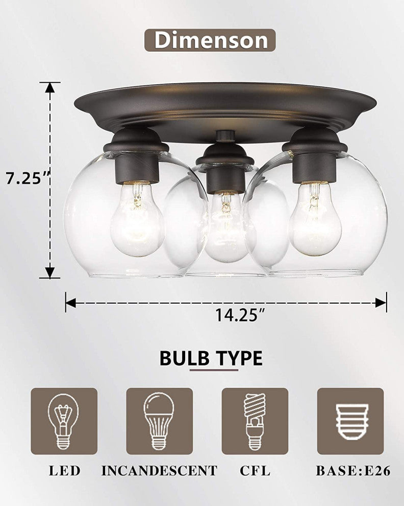 3 Light Semi Flush Mount, Industrial Glass Ceiling Lamp