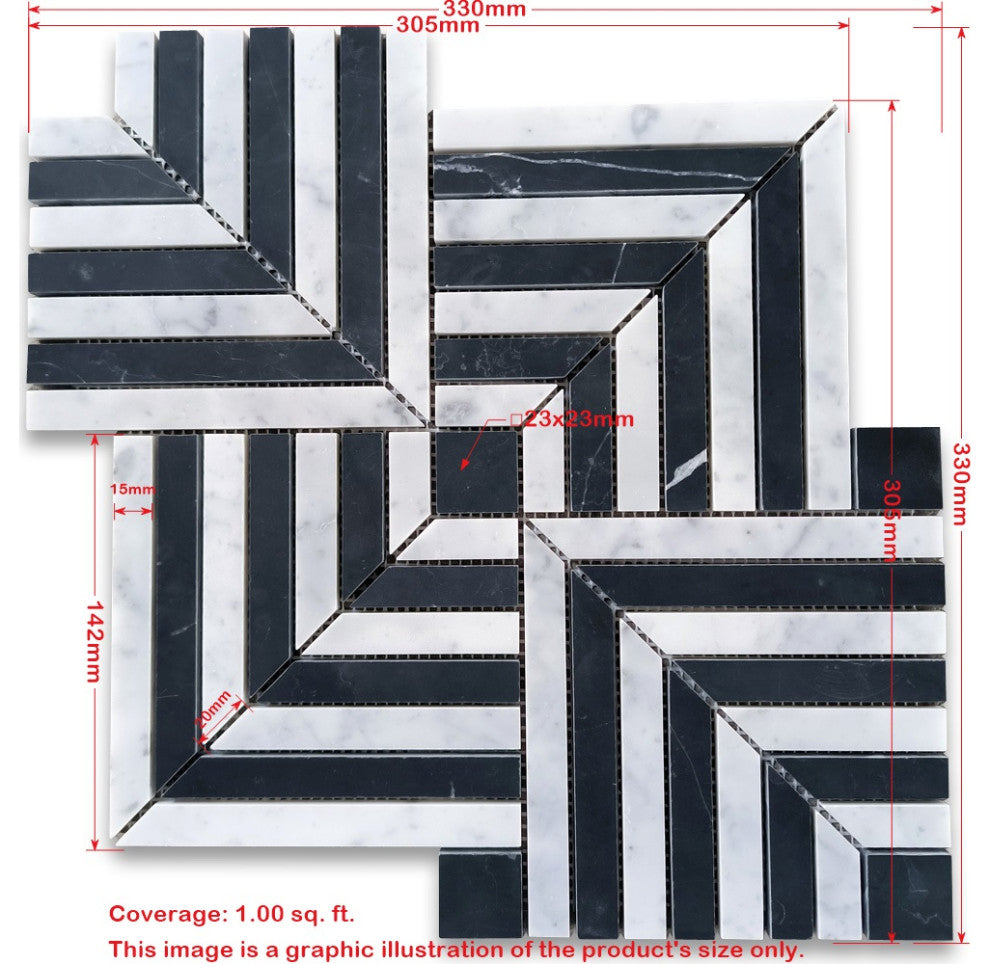 Carrara White Nero Marquina Black Marble Maze Square Weave Mosaic Tile, 1 sheet