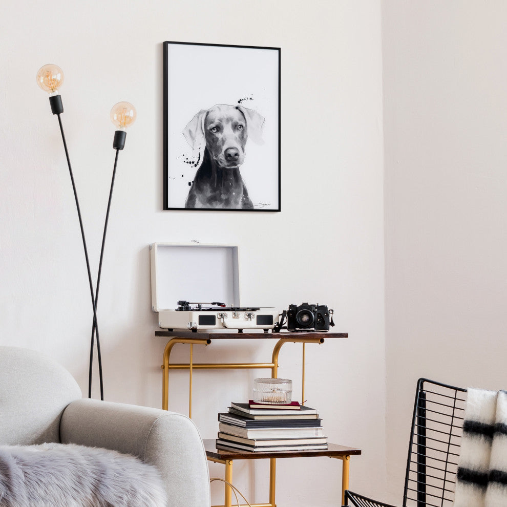 "Weimaraner" Black and White Pet Art on Printed Glass with Anodized Frame