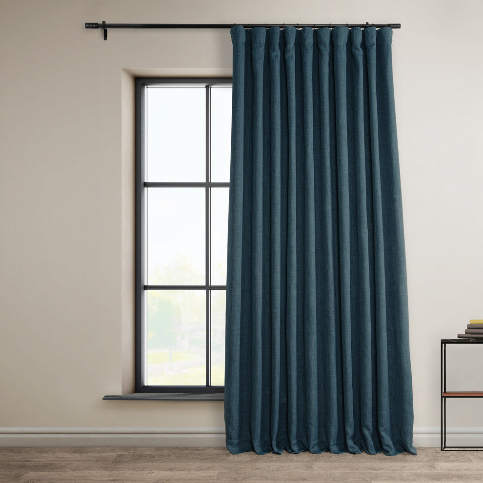 Faux Linen Extra Wide Room Darkening Curtain Single Panel, Story Blue, 100wx108l