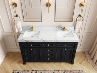 Paris 60" Double Sink Bathroom Vanity, Black 2" Calacatta Gold