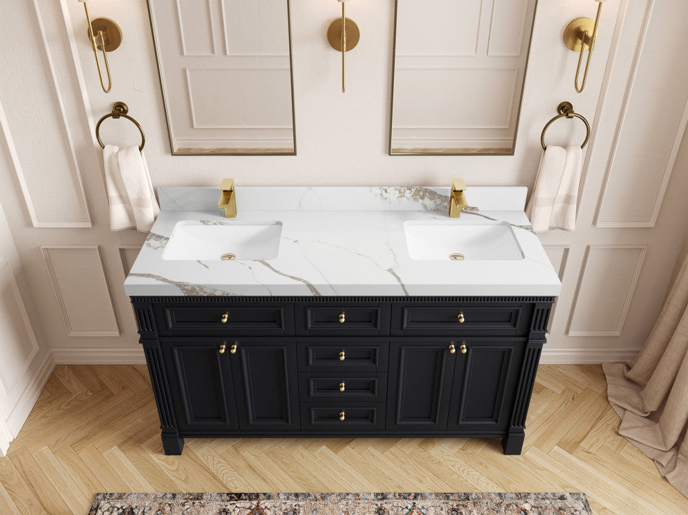 Paris 60" Double Sink Bathroom Vanity, Black 2" Calacatta Gold